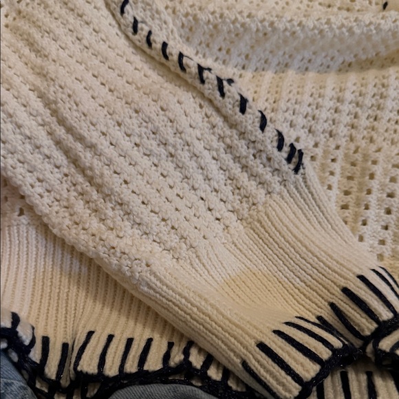 Francesca's Collections open-stitch Cream Sweater with Navy Accents - Picture 3 of 4